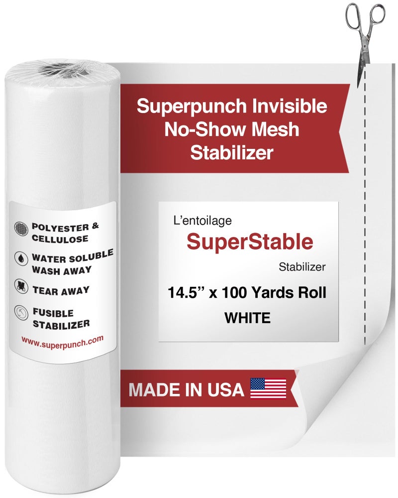 Superpunch Invisible No-Show Mesh Stabilizer, 1.5 oz Cutaway for Embroidery Machines-14.5inch x 100Yard Roll, SuperStable Lightweight Cut Away Machine Stabilizers Backing, Made in USA (White) - Image 1